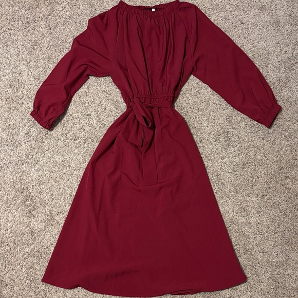 Wine Red Women’s Long Lantern Sleeve with belt Dress. Smocked round neck. - Picture 1 of 1